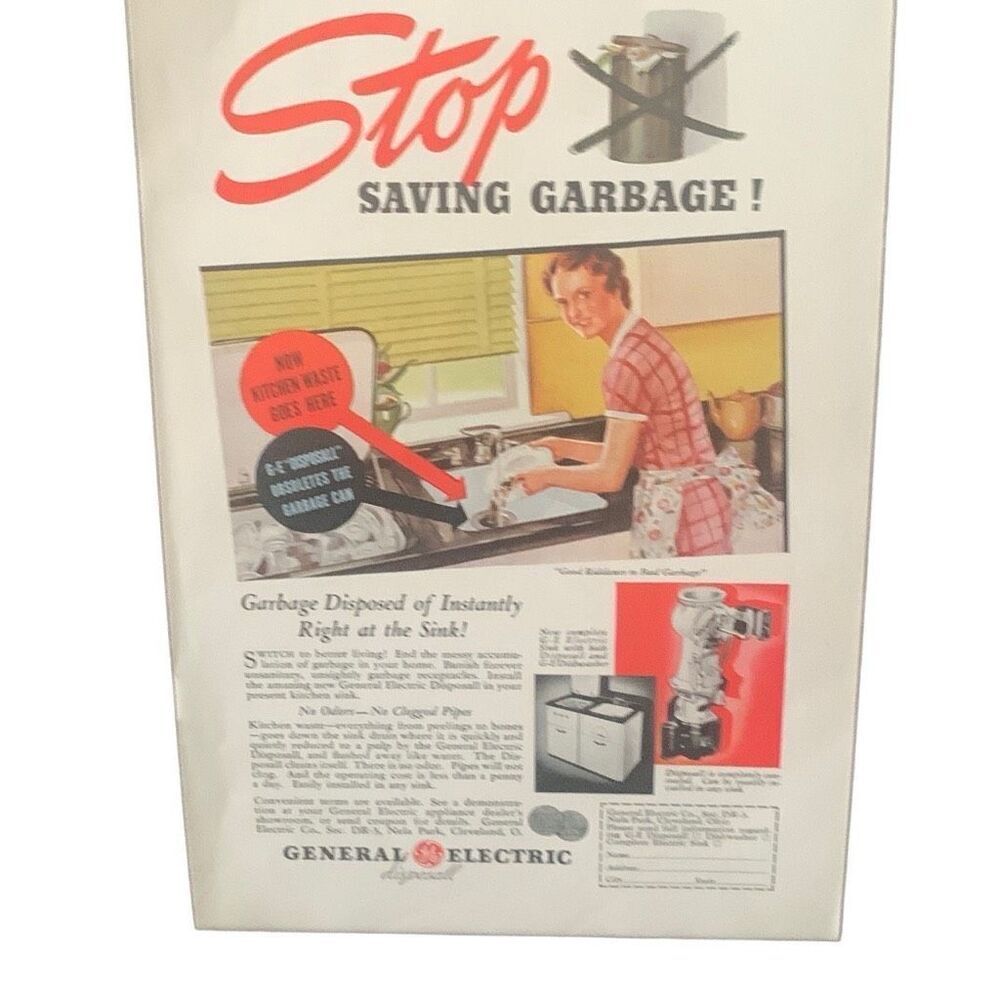 Vintage 1937 General Electric Garbage Disposal Ad Advertisement